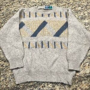 Vintage Eider Knit Wool Sweater Mens Small Icelandic Pattern Beige Blue Pullover